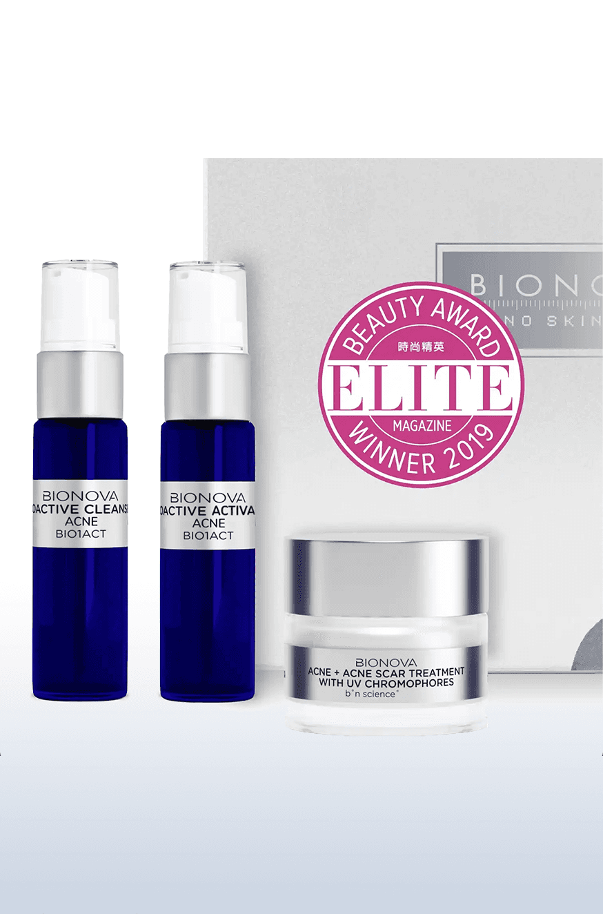 Bionova 3 step regimen kit for acne and scarring with box.